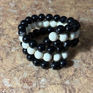 Vintage 3 Strand Black White Beaded Adjustable Cuff Bracelet
